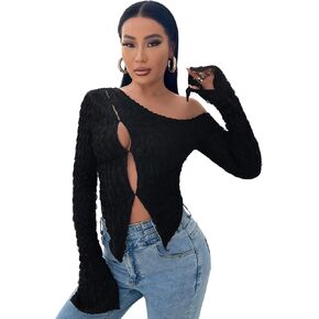 WDIRARA Women's Cut Out One Shoulder Long Sleeve Tee Asymmetrical Tops T Shirt
