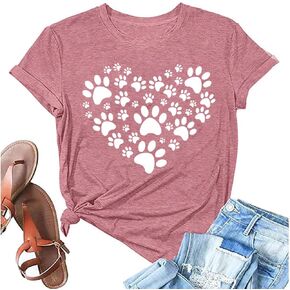 Dog Lover Shirts for Women Cat Dog Paw Graphic Tees Dog Mom Short Sleeve Gifts Girls Heart Tops