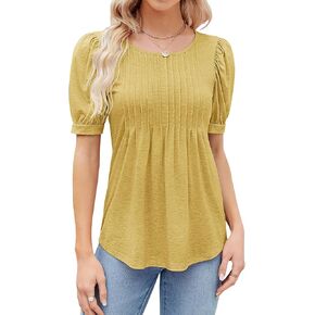LOMON Women's Fall Puff Long/Short Sleeve Tunic Tops Pleated Crew Neck Shirts Blouses Casual Loose T-Shirts