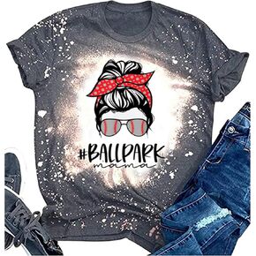 Baseball Mama Bleached T-Shirt for Women Funny Leopard Graphic Mama Distressed Shirt Letter Print Baseball Mom Tee Tops