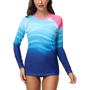 VAYAGER قمصان السباحة النسائية Rash Guard بأكمام طويلة بعامل حماية من الأشعة فوق البنفسجية 50+، خفيفة الوزن وسريعة الجفاف ومطبوعة لركوب الأمواج