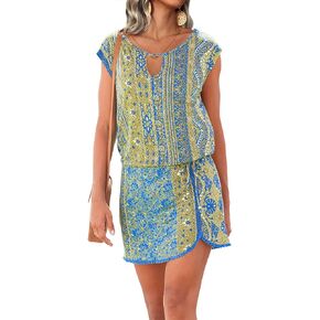 Summer Dresses for Women 2023 Trendy Beach Cove Up Dress Floral Print with Elegant Lace Crochet Edging
