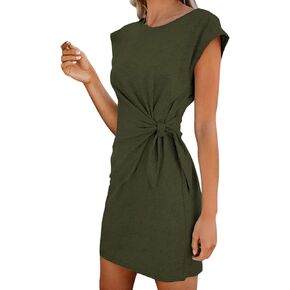 LaSuiveur Women’s Casual Bodycon Tie Waist Cap Sleeve Cotton T Shirt Dress
