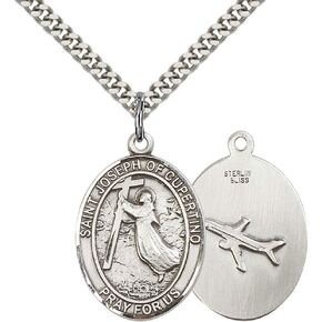 F A Dumont Sterling Silver St. Joseph of Cupertino Pendant with 24" Stainless Steel Heavy Curb Chain. Patron Saint of Pilots/Airforce in Saudi Arabia