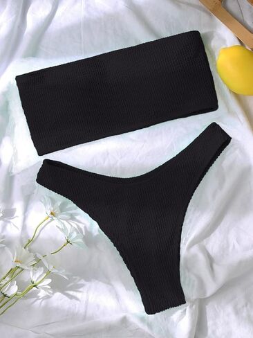 بيكيني Limeeke نسائي عالي القطع بيكيني مضلع بدون حمالات قطعتين ملابس سباحة أسود S in Kuwait