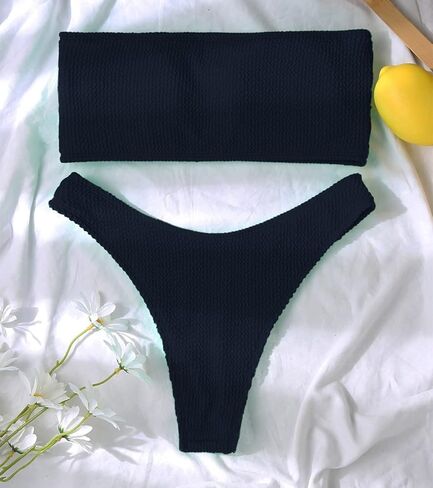 بيكيني Limeeke نسائي عالي القطع بيكيني مضلع بدون حمالات قطعتين ملابس سباحة أسود S in Kuwait