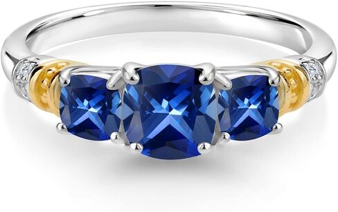 Gem Stone King 1.72 Ct Cushion Blue Created Sapphire 925 Sterling Silver and 10K Yellow Gold Ring in Saudi Arabia