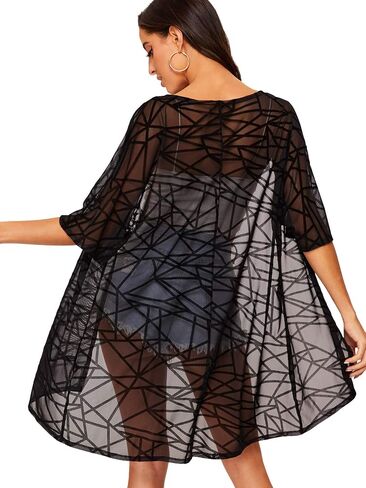 Floerns Women's Half Sleeve Open Front Geo Print Sheer Cardigan Kimono Coverup in Saudi Arabia