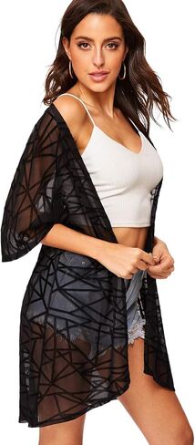 Floerns Women's Half Sleeve Open Front Geo Print Sheer Cardigan Kimono Coverup in Saudi Arabia