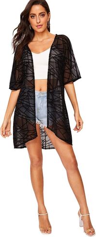 Floerns Women's Half Sleeve Open Front Geo Print Sheer Cardigan Kimono Coverup in Saudi Arabia