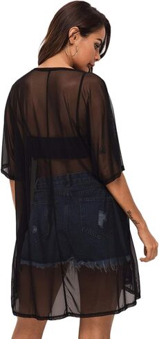 Floerns Women's Half Sleeve Open Front Geo Print Sheer Cardigan Kimono Coverup in Saudi Arabia