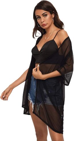 Floerns Women's Half Sleeve Open Front Geo Print Sheer Cardigan Kimono Coverup in Saudi Arabia