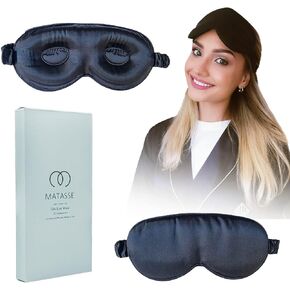 MATASSE Silk Eye Sleeping Mask with Adjustable Strap- 3D Contoured Eye Mask for Sleeping, Eye Cover Sleep Mask w/Silk Covered Strap for Women, Men, Genuine Mulberry Silk, Black