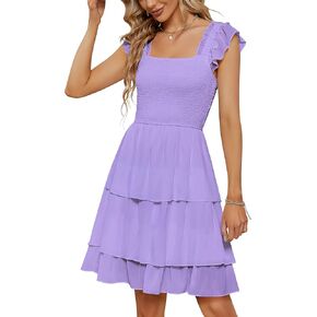 YATHON Smocked Ruffle Short Mini Dress for Women Square Neck Flowy Sleeveless Tiered Party Wedding Guest Dresses