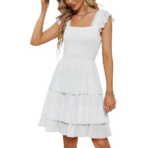 YATHON Smocked Ruffle Short Mini Dress for Women Square Neck Flowy Sleeveless Tiered Party Wedding Guest Dresses in Saudi Arabia