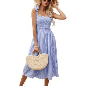 Sexyasasii Women's Summer Ruffle Puff Sleeve Dress Short Sleeve V Neck High Waist Casual Loose Striped Midi Dresses in Saudi Arabia