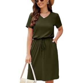 HUSKARY Women Summer Casual Midi Dresses Short Sleeve V Neck Drawstring Knee Length T Shirt Dress with Split and Pocket