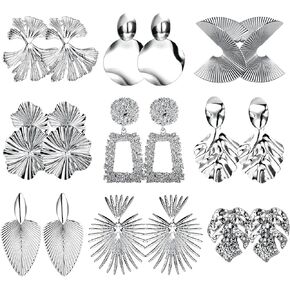 ORAZIO 9 Pairs Clip on Earrings Gold Statement Earrings for Women Exaggerated Trapezoid Dangle Clip on Earrings Gold Geometric Leaf Round Retro Drop Clip Earrings Unpierced Ears