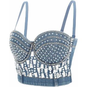 Woeoe Rhinestone Corset Bustier Crop Top Black Denim Bra Nightclub Rave Rhinestone Tops Jewelry for Women in Saudi Arabia