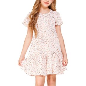 فستان Flypigs للفتيات مزين بالزهور وأكمام مكشكشة فستان صيفي كاجوال فضفاض لعمر 3-12 سنة in Kuwait