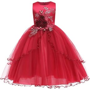 Flower Girl Dresses Embroidered 3D Floral Beads Applique Maxi Princess Wedding Party Bridesmaid Pageant Communion Formal Gown