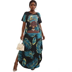 FZNHQL Black Women Short Sleeve V-Neck Maxi Dress African Melanin Girl Print Casual Floral Long Dresses in Saudi Arabia