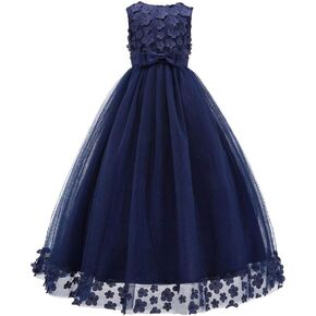 Bow Dream 3D Flower Girl's Dress Tulle Full Length Wedding Junior Bridesmaid Evening Formal Gown