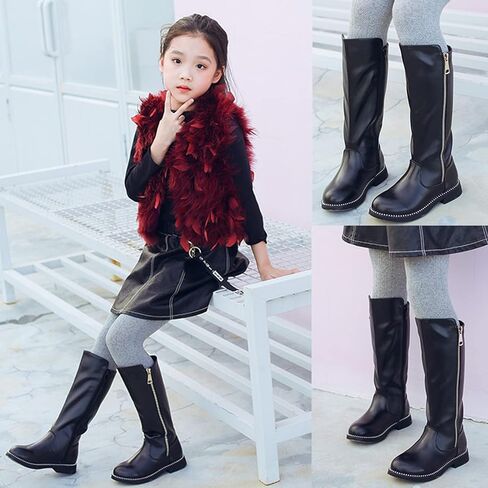 DADAWEN Girls Waterproof Leather Zipper Fur Lined Knee High Winter Riding Boots (Toddler/Little Kid/Big Kid) in Saudi Arabia