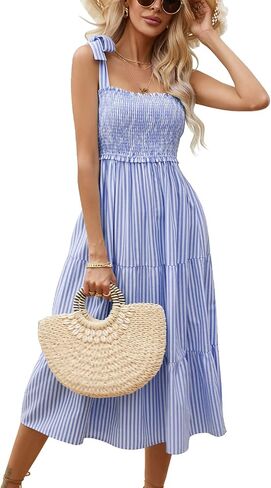 Sexyasasii Women's Summer Ruffle Puff Sleeve Dress Short Sleeve V Neck High Waist Casual Loose Striped Midi Dresses in Kuwait