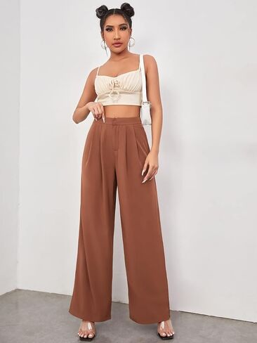 Floerns Women's Casual High Waisted Pleated Wide Leg Palazzo Pants Trousers in Kuwait