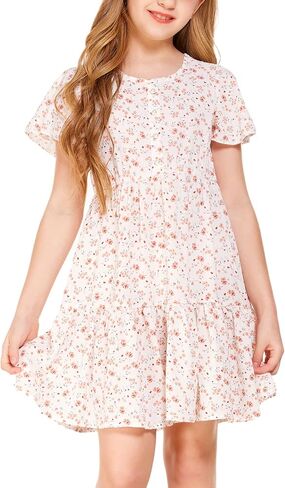 فستان Flypigs للفتيات مزين بالزهور وأكمام مكشكشة فستان صيفي كاجوال فضفاض لعمر 3-12 سنة in Kuwait