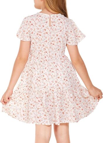 فستان Flypigs للفتيات مزين بالزهور وأكمام مكشكشة فستان صيفي كاجوال فضفاض لعمر 3-12 سنة in Kuwait