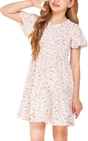 فستان Flypigs للفتيات مزين بالزهور وأكمام مكشكشة فستان صيفي كاجوال فضفاض لعمر 3-12 سنة in Kuwait