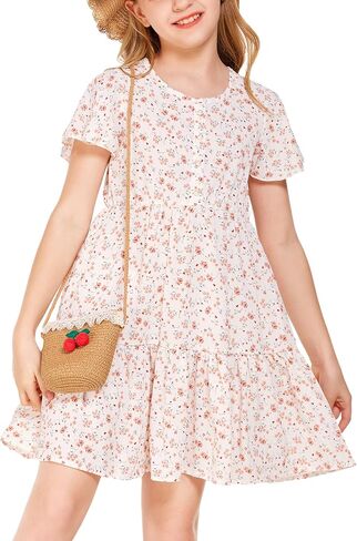 فستان Flypigs للفتيات مزين بالزهور وأكمام مكشكشة فستان صيفي كاجوال فضفاض لعمر 3-12 سنة in Kuwait