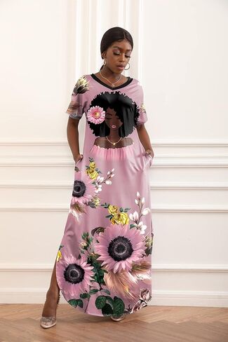 فستان FZNHQL أسود للنساء بأكمام قصيرة ورقبة على شكل حرف V فستان طويل من الميلانين الأفريقي مطبوع عليه زهور كاجوال in Kuwait