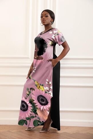 فستان FZNHQL أسود للنساء بأكمام قصيرة ورقبة على شكل حرف V فستان طويل من الميلانين الأفريقي مطبوع عليه زهور كاجوال in Kuwait