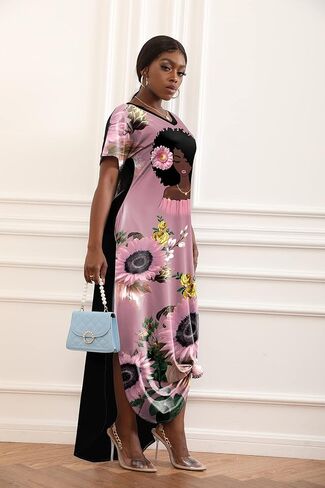 فستان FZNHQL أسود للنساء بأكمام قصيرة ورقبة على شكل حرف V فستان طويل من الميلانين الأفريقي مطبوع عليه زهور كاجوال in Kuwait