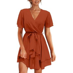 Amkoyam Women's 2024 Summer Short Sleeve V Neck Dresses Elegant Solid Tie Waist Swing Ruffle Faux Wrap Party Mini Dress in Kuwait