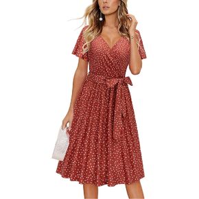 فستان نسائي من LAISHEN برقبة على شكل V وأكمام قصيرة مزين بالزهور فساتين صيفية غير رسمية بحزام مع جيوب 2023 in Kuwait