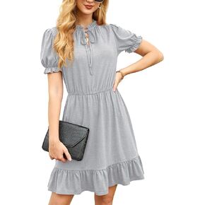 GRECERELLE 2023 Women Casual Summer Dress Tie Neck Ruffle Short Sleeve High Waist A-Line Mini Dress in Kuwait
