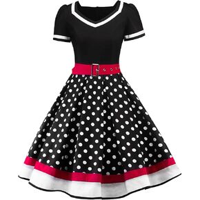 فستان Sofkiny النسائي المنقط بنمط الخمسينيات وأكمام قصيرة Rockabilly Vintage مع حزام in Saudi Arabia