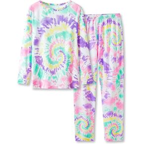 بيجامة عصرية بصبغة لولبية للفتيات مكونة من قطعتين ناعمة بأكمام طويلة وسراويل PJ Set Jammies مقاس 6-18 in Kuwait
