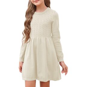 Fommykin Girls Sweater Dress Kids Crew Neck Long Sleeve Cute Fall Winter Kintted Dresses for 4-14Years