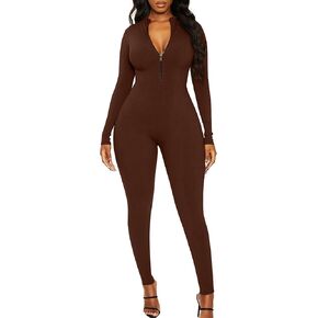Mizoci Women's Sexy Bodycon Long Sleeve One Piece Jumpsuit V Neck Zip Up Ribbed Full Romper in Kuwait