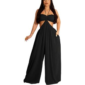 Bluewolfsea Womens Summer Sexy Halter Backless Chiffon Wide Leg Jumpsuit Boho Beach Flowy Pants Rompers