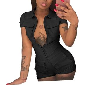 Deeryi قطعة واحدة حللا للنساء مثير بسحاب بأكمام قصيرة Bodycon شورت رومبير مع جيوب