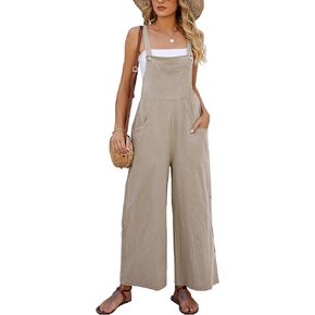 ROJZR Womens Casual Cotton Bib Overalls Adjustable Spaghetti Strap Wide Leg Jumpsuits Rompers with Pockets