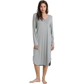 GYS Long Sleeve Nightgowns for Women - Viscose Made from Bamboo, V Neck Sleep Shirts Plus Size Pajama Dress Sleepwear