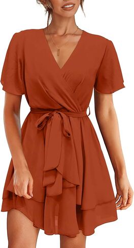 Amkoyam Women's 2024 Summer Short Sleeve V Neck Dresses Elegant Solid Tie Waist Swing Ruffle Faux Wrap Party Mini Dress in Kuwait