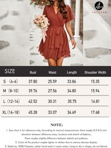 Amkoyam Women's 2024 Summer Short Sleeve V Neck Dresses Elegant Solid Tie Waist Swing Ruffle Faux Wrap Party Mini Dress in Kuwait